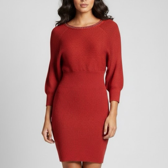 Y2K GUESS CORAL SWEATER DRESS CHAIN DETAIL KNIT SZ MED BODYCON SEXY - Picture 1 of 10